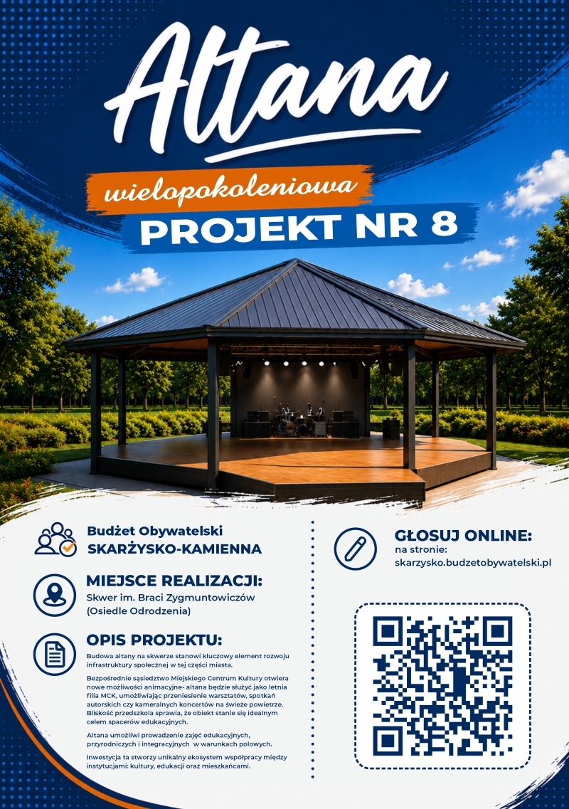 plakat reklamujacy / zachecajocy do glosowania na projekt altany wielopokoleniowej w&nbsp;ramach budzetu obywatelskiego skarzyska-kamiennej 2026