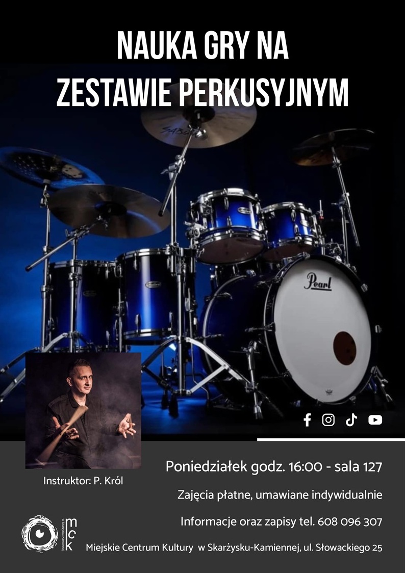 plakat reklamujący naukę gry na perkusji w MCK Skarżysko