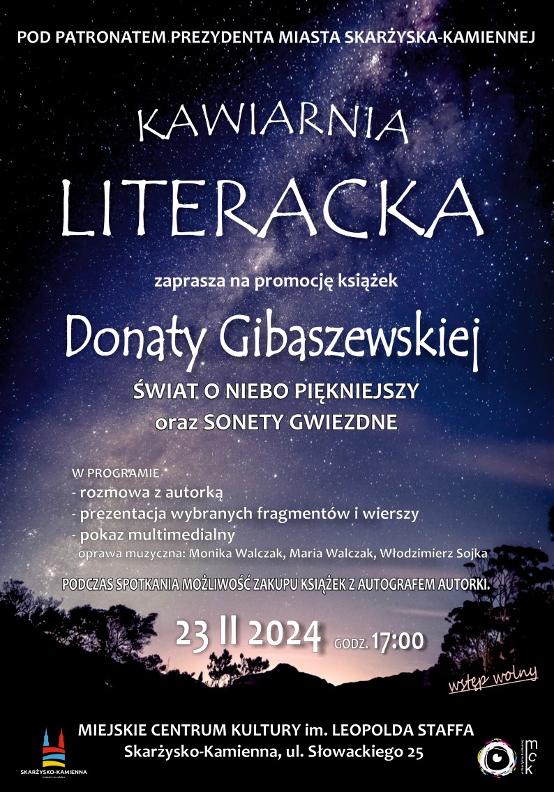Plakat reklamujący kawiarnię literacką podczas której odbędzie się promocja ksiazki Donaty Gibaszewskiej