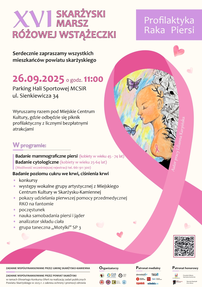 plakat reklamujący Marsz Różowej Wstążeczki 2025 w&nbsp;Skarżysku-Kamiennej