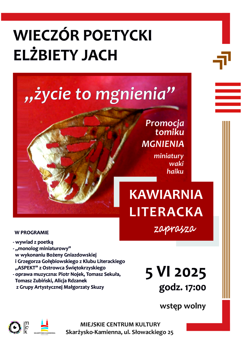 plakat reklamujący wieczor poetycki z Elzbieta Jach w MCK Skarzysko