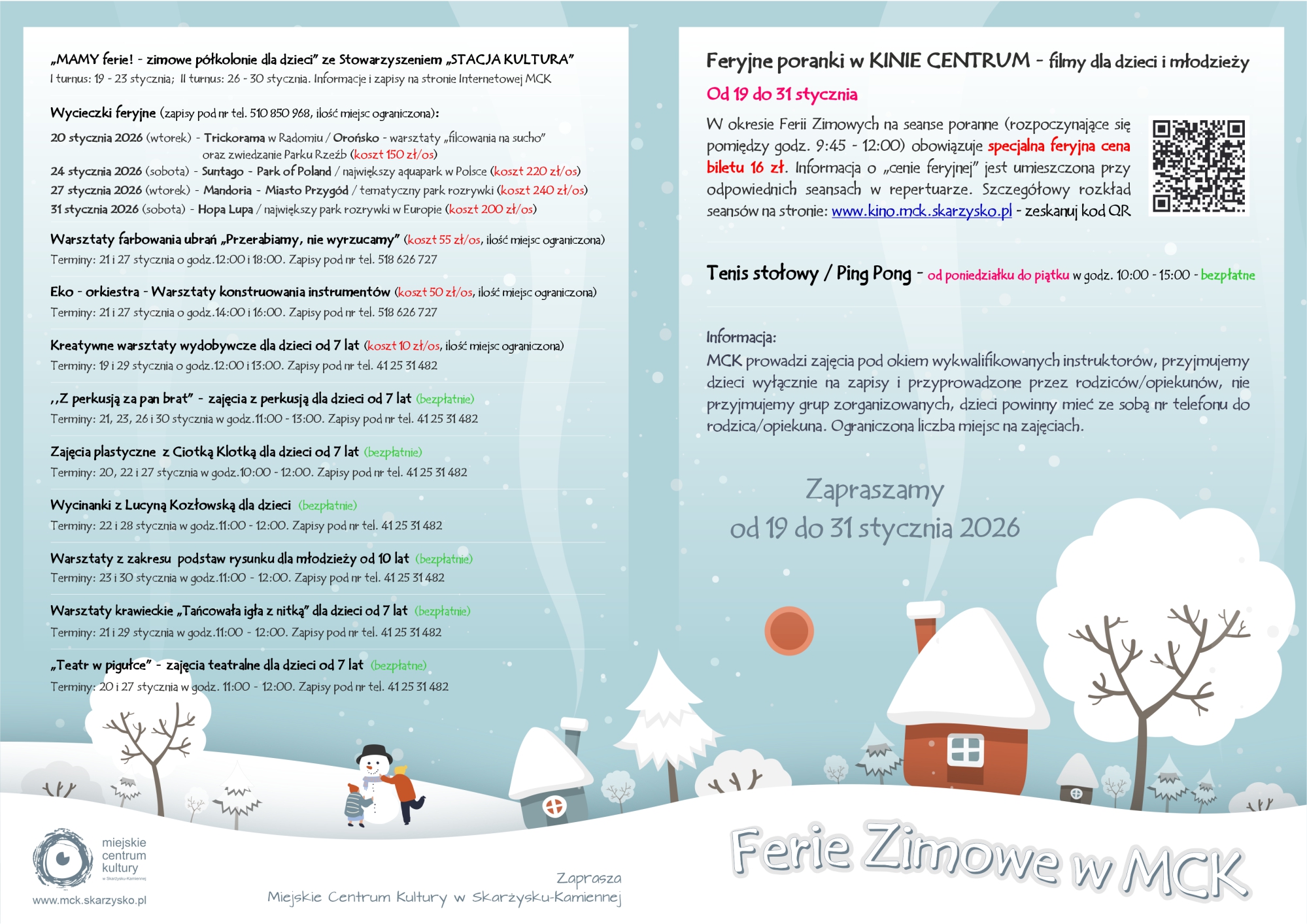 plakat reklamujacy zajecia podczas ferii zimowych 2026 w MCK Skarzysko