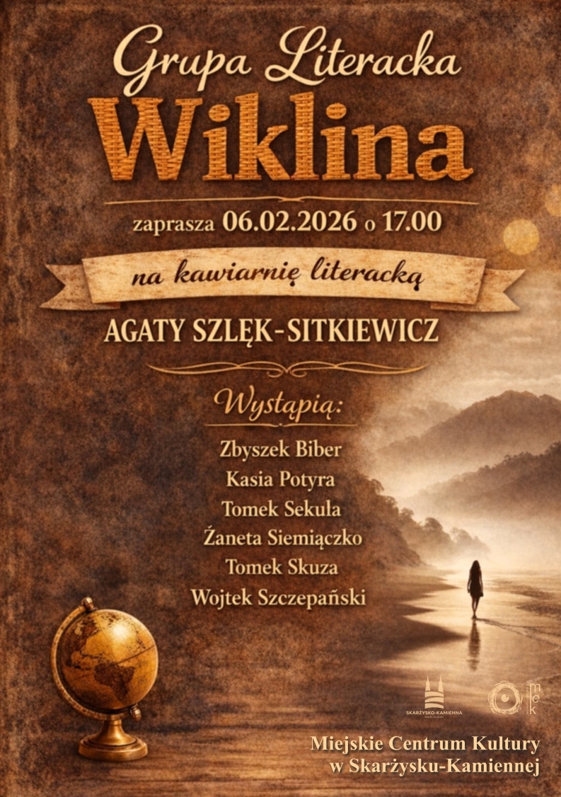 plakat reklamujacy kawiarnie literacka Agaty Szlek Sitkiewicz w&nbsp;MCK Skarzysko