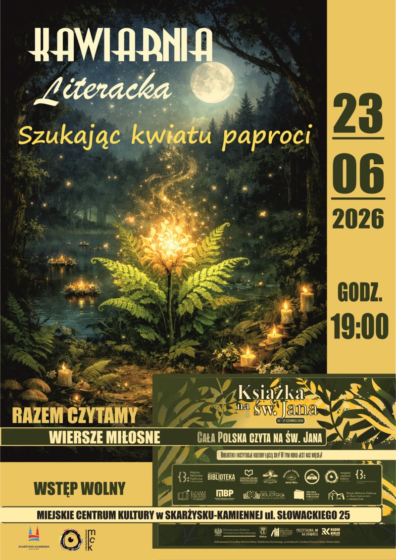 plakat reklamujacy kawiarnie literacka pt. Kwiat paproci w MCK Skarzysko