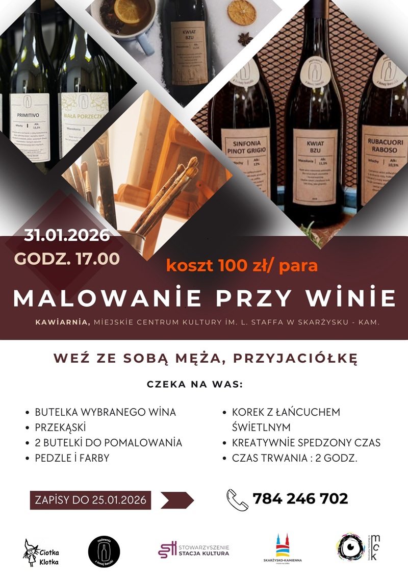 plakat reklamujacy wydarzenie  malowanie przy winie w&nbsp;MCK Skarzysko