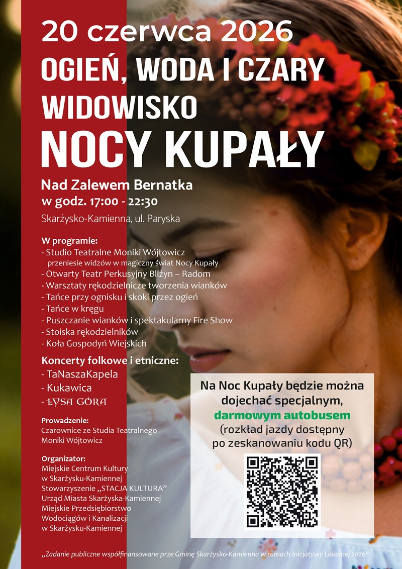 plakat reklamujacy darmowy autobus na noc kupaly 2026 w&nbsp;skarzysku-kamiennej