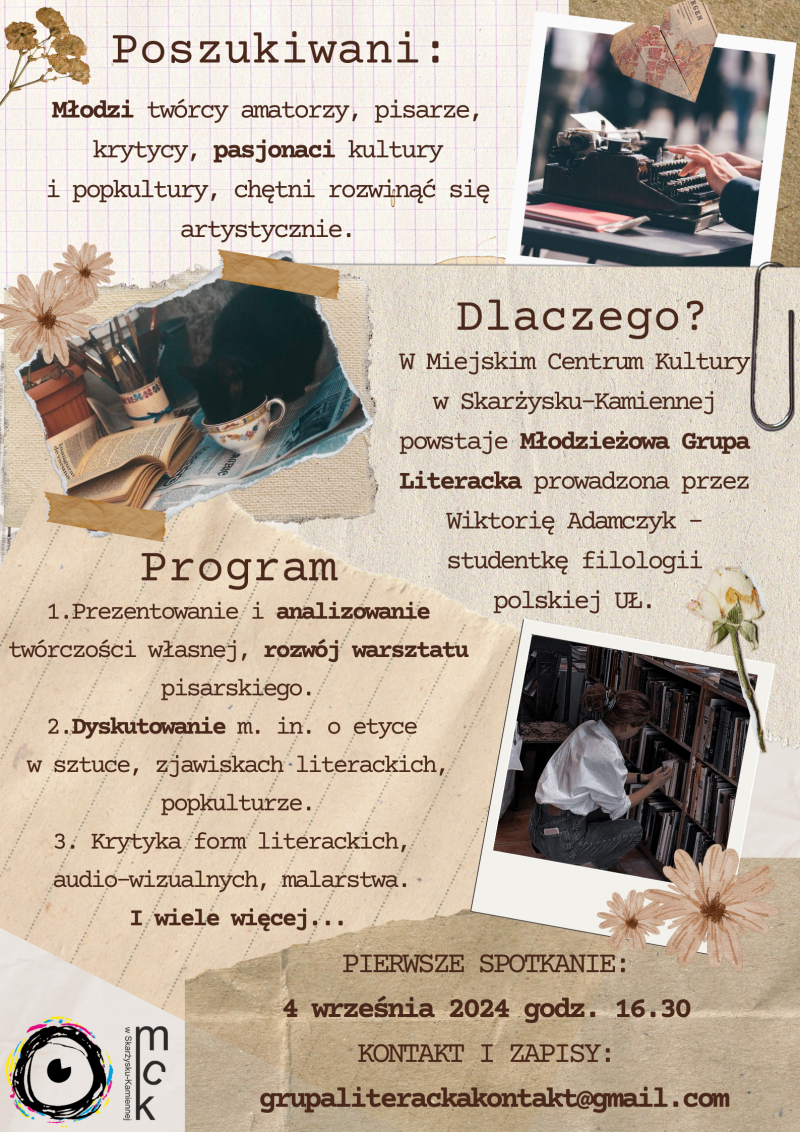Plakat reklamujący Młodzieżową Grupę Literacką, która powstaje w MCK Skarżysko